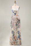 Floral Ruched Ivory Square Neck A Line Formal Dress