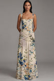 Floral Ruched Ivory Square Neck A Line Formal Dress