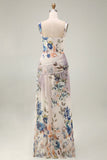 Floral Ruched Ivory Square Neck A Line Formal Dress