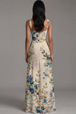 Floral Ruched Ivory Square Neck A Line Formal Dress