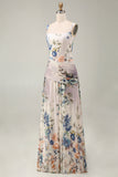 Floral Ruched Ivory Square Neck A Line Formal Dress