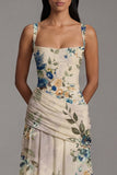 Floral Ruched Ivory Square Neck A Line Formal Dress