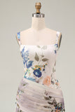 Floral Ruched Ivory Square Neck A Line Formal Dress
