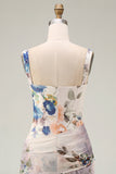 Floral Ruched Ivory Square Neck A Line Formal Dress