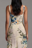 Floral Ruched Ivory Square Neck A Line Formal Dress