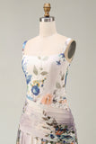 Floral Ruched Ivory Square Neck A Line Formal Dress