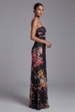 Strapless Printed Cut Out Black Long Floral Dress