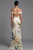 Off the Shoulder Printed Cut Out Ivory Formal Dress