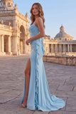 Sky Blue Mermaid Ruched Spaghetti Straps Long Prom Dress with Ruffles
