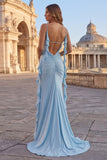 Pink Beaded Spaghetti Straps Mermaid Long Prom Dress with Ruffles