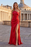 Pink Mermaid One Shoulder Ruched Long Prom Dress with Slit