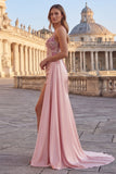 Pink Sheath Floral Ruched Corset Long Prom Dress with Side Cape