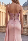 Pink Sheath Floral Ruched Corset Long Prom Dress with Side Cape