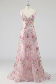 Sparkly Pink Sequin Floral A Line Spaghetti Straps Long Prom Dress