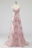 Sparkly Pink Sequin Floral A Line Spaghetti Straps Long Prom Dress