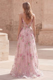 Sparkly Pink Sequin Floral A Line Spaghetti Straps Long Prom Dress