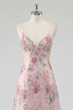 Sparkly Pink Sequin Floral A Line Spaghetti Straps Long Prom Dress