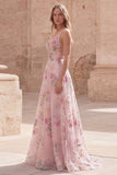 Sparkly Pink Sequin Floral A Line Spaghetti Straps Long Prom Dress