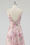 Sparkly Pink Sequin Floral A Line Spaghetti Straps Long Prom Dress