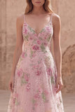 Sparkly Pink Sequin Floral A Line Spaghetti Straps Long Prom Dress