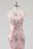 Sparkly Pink Sequin Floral Mermaid Long Prom Dress