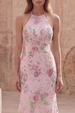 Sparkly Pink Sequin Floral Mermaid Long Prom Dress