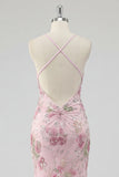 Sparkly Pink Sequin Floral Mermaid Long Prom Dress