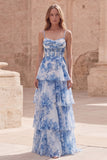 White Blue Flower A Line Long Corset Tiered Long Prom Dress with Ruffles