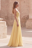 Strapless Yellow Floral A Line Pleated Long Prom Dress