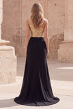 Sparkly Gold and Black One Shoulder Mermaid Long Prom Dress with Slit