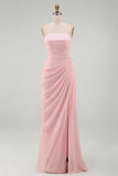 Light Pink Strapless Sheath Ruched Long Prom Dress with Slit