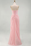 Light Pink Strapless Sheath Ruched Long Prom Dress with Slit