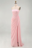 Light Pink Strapless Sheath Ruched Long Prom Dress with Slit