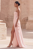 Light Pink Strapless Sheath Ruched Long Prom Dress with Slit