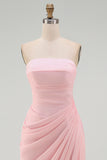 Light Pink Strapless Sheath Ruched Long Prom Dress with Slit