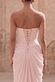 Light Pink Strapless Sheath Ruched Long Prom Dress with Slit