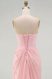 Light Pink Strapless Sheath Ruched Long Prom Dress with Slit