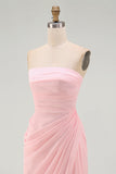 Light Pink Strapless Sheath Ruched Long Prom Dress with Slit