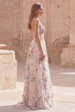 Strapless Ivory Floral A Line Long Prom Dress with Slit