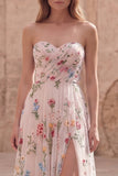 Strapless Ivory Floral A Line Long Prom Dress with Slit
