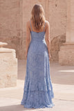 Dusty Blue A Line Floral Long Wedding Guest Dress with Ruffled Slit
