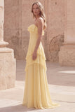 Strapless Yellow A Line Ruffled Long Wedding Guest Dress