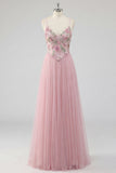 Pink Floral A Line Spaghetti Straps Sequin Long Prom Dress