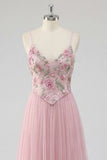 Pink Floral A Line Spaghetti Straps Sequin Long Prom Dress