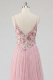 Pink Floral A Line Spaghetti Straps Sequin Long Prom Dress