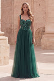 Dark Green A Line Spaghetti Straps Sequin Long Prom Dress