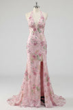 Sparkly Mermaid Pink Floral Halter Neck Backless Long Prom Dress with Slit