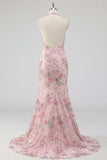 Sparkly Mermaid Pink Floral Halter Neck Backless Long Prom Dress with Slit
