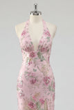 Sparkly Mermaid Pink Floral Halter Neck Backless Long Prom Dress with Slit
