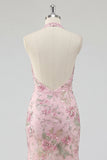 Sparkly Mermaid Pink Floral Halter Neck Backless Long Prom Dress with Slit